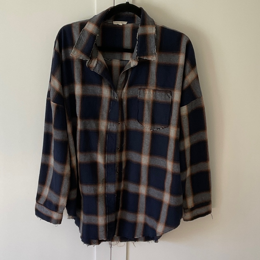 LA MIEL Navy Plaid Shirt with Brown and Gray